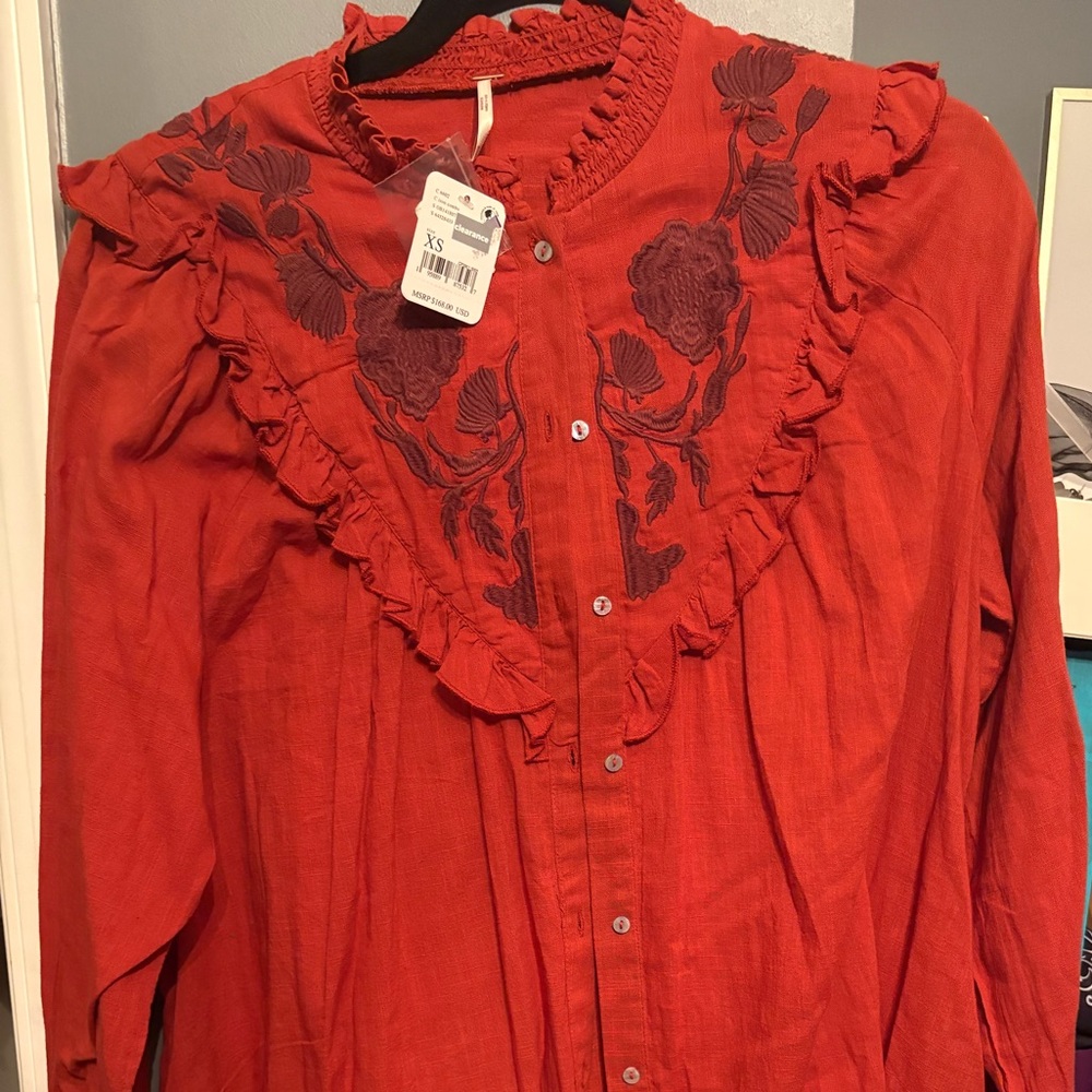 Free People Red Ruffled Bib Collar Blouse